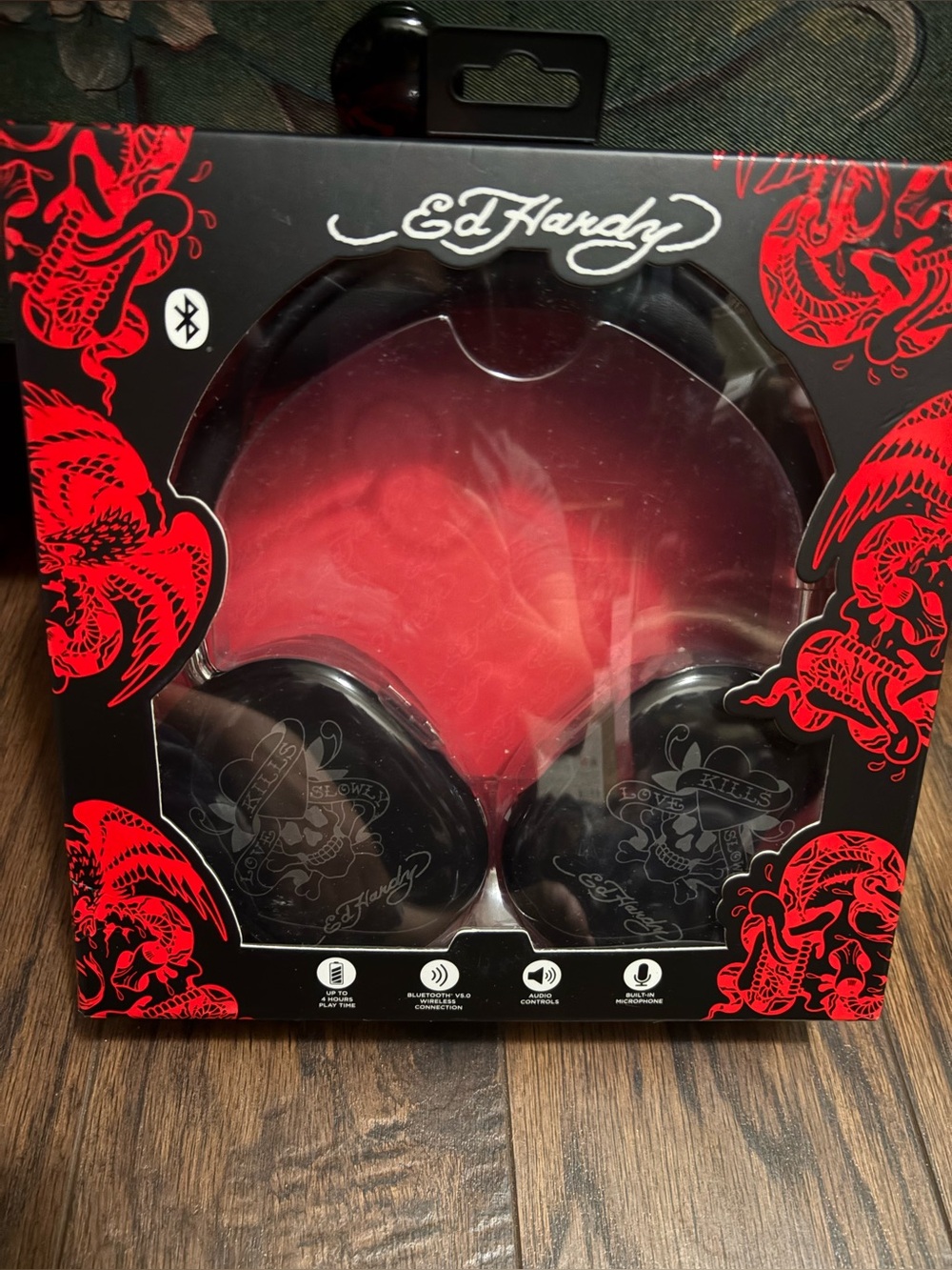 Ed Hardy Red and Black Tattoo-Graphic Bluetooth Headphones